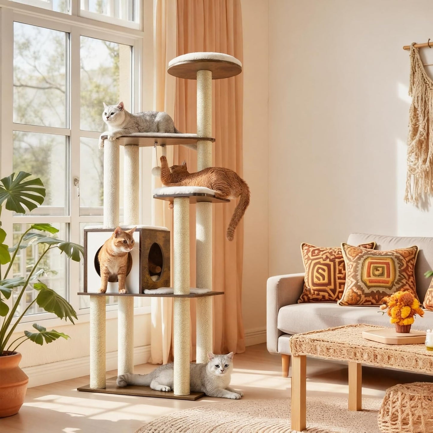 Cat Tree, 64.6-Inch Modern Cat Tower, Multi-Level Condo with 5 Scratching Posts, Perch, Washable Removable Cushions, Cave, Rustic Brown UPCT166X01