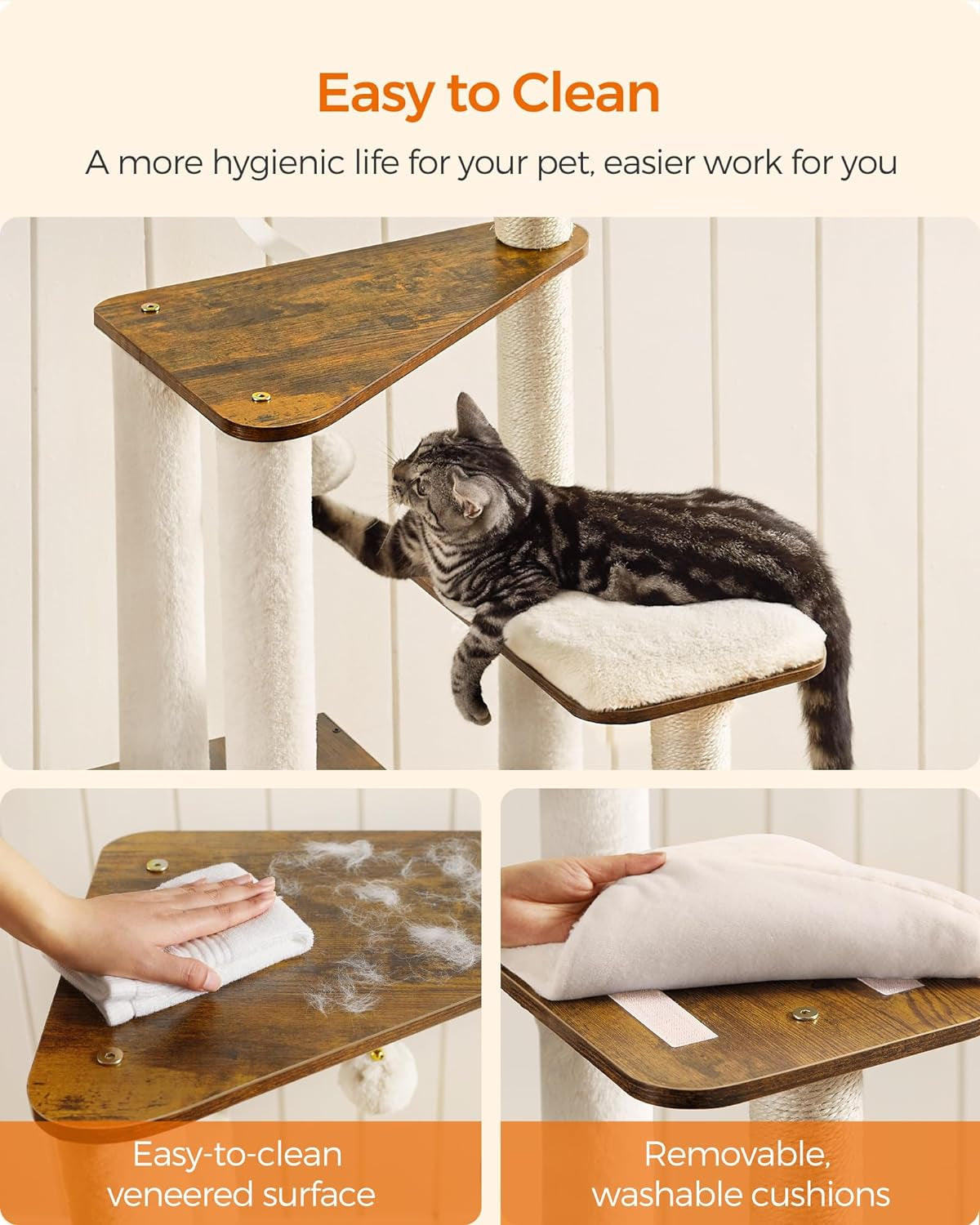 Cat Tree, 64.6-Inch Modern Cat Tower, Multi-Level Condo with 5 Scratching Posts, Perch, Washable Removable Cushions, Cave, Rustic Brown UPCT166X01