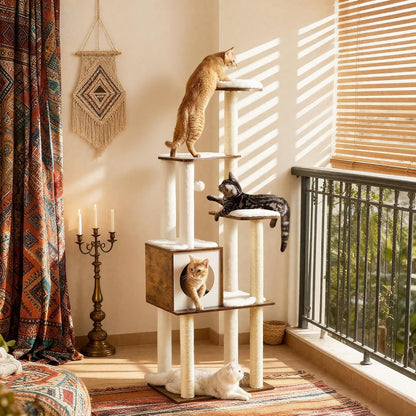 Cat Tree, 64.6-Inch Modern Cat Tower, Multi-Level Condo with 5 Scratching Posts, Perch, Washable Removable Cushions, Cave, Rustic Brown UPCT166X01