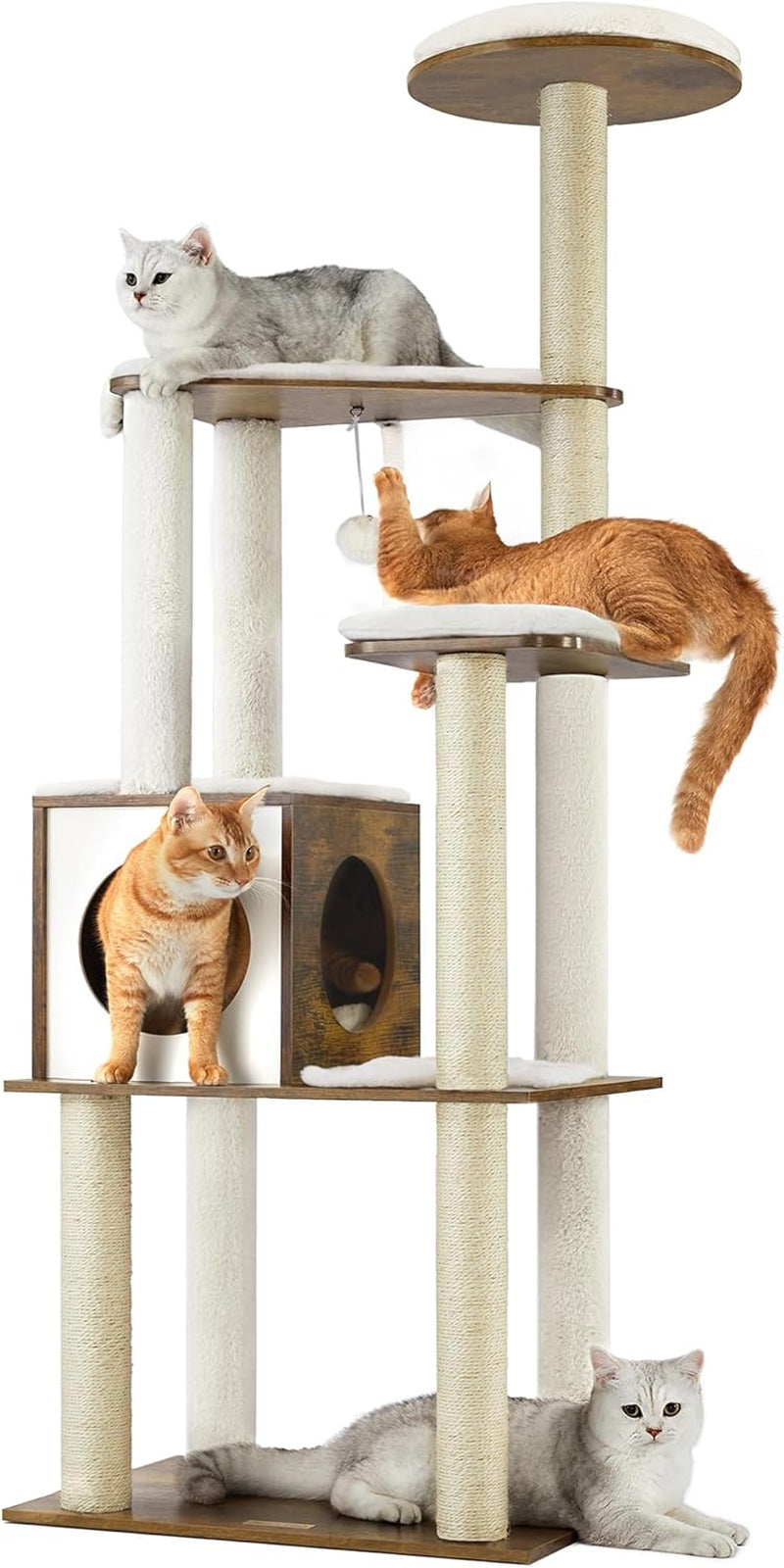 Cat Tree, 64.6-Inch Modern Cat Tower, Multi-Level Condo with 5 Scratching Posts, Perch, Washable Removable Cushions, Cave, Rustic Brown UPCT166X01