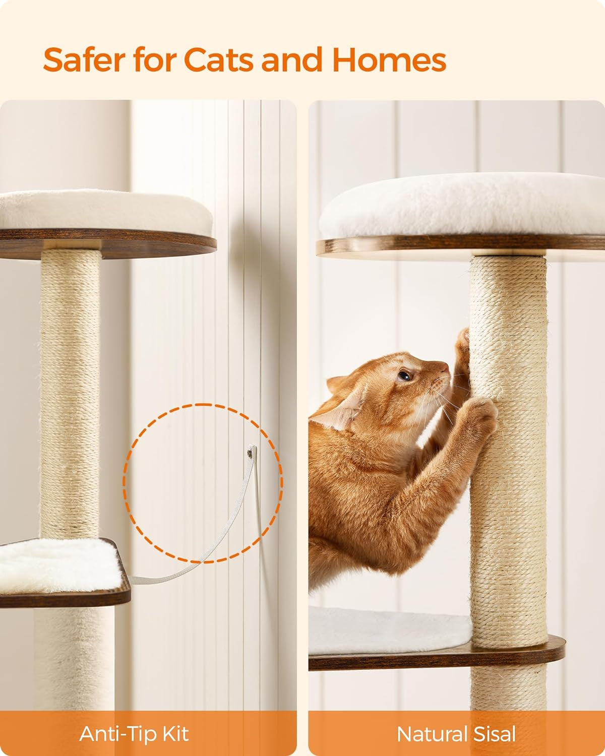 Cat Tree, 64.6-Inch Modern Cat Tower, Multi-Level Condo with 5 Scratching Posts, Perch, Washable Removable Cushions, Cave, Rustic Brown UPCT166X01
