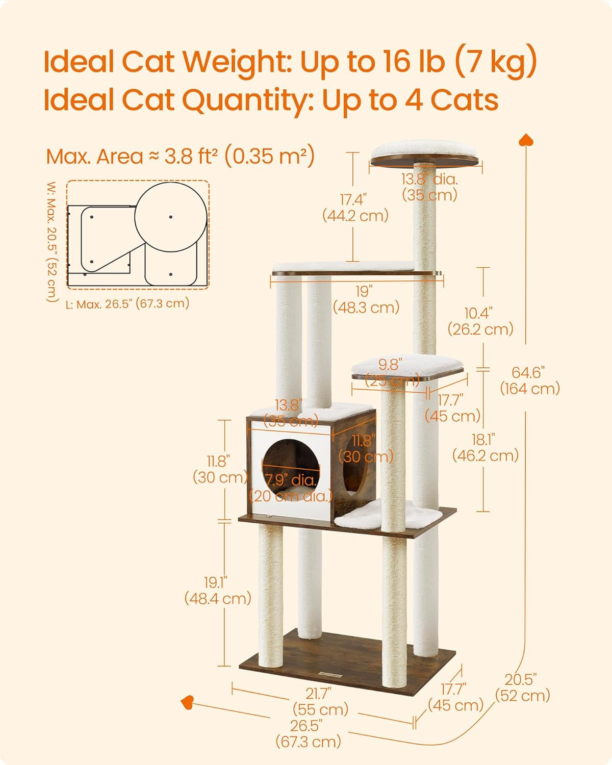 Cat Tree, 64.6-Inch Modern Cat Tower, Multi-Level Condo with 5 Scratching Posts, Perch, Washable Removable Cushions, Cave, Rustic Brown UPCT166X01