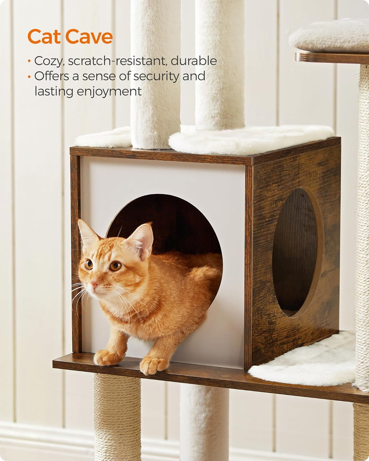 Cat Tree, 64.6-Inch Modern Cat Tower, Multi-Level Condo with 5 Scratching Posts, Perch, Washable Removable Cushions, Cave, Rustic Brown UPCT166X01