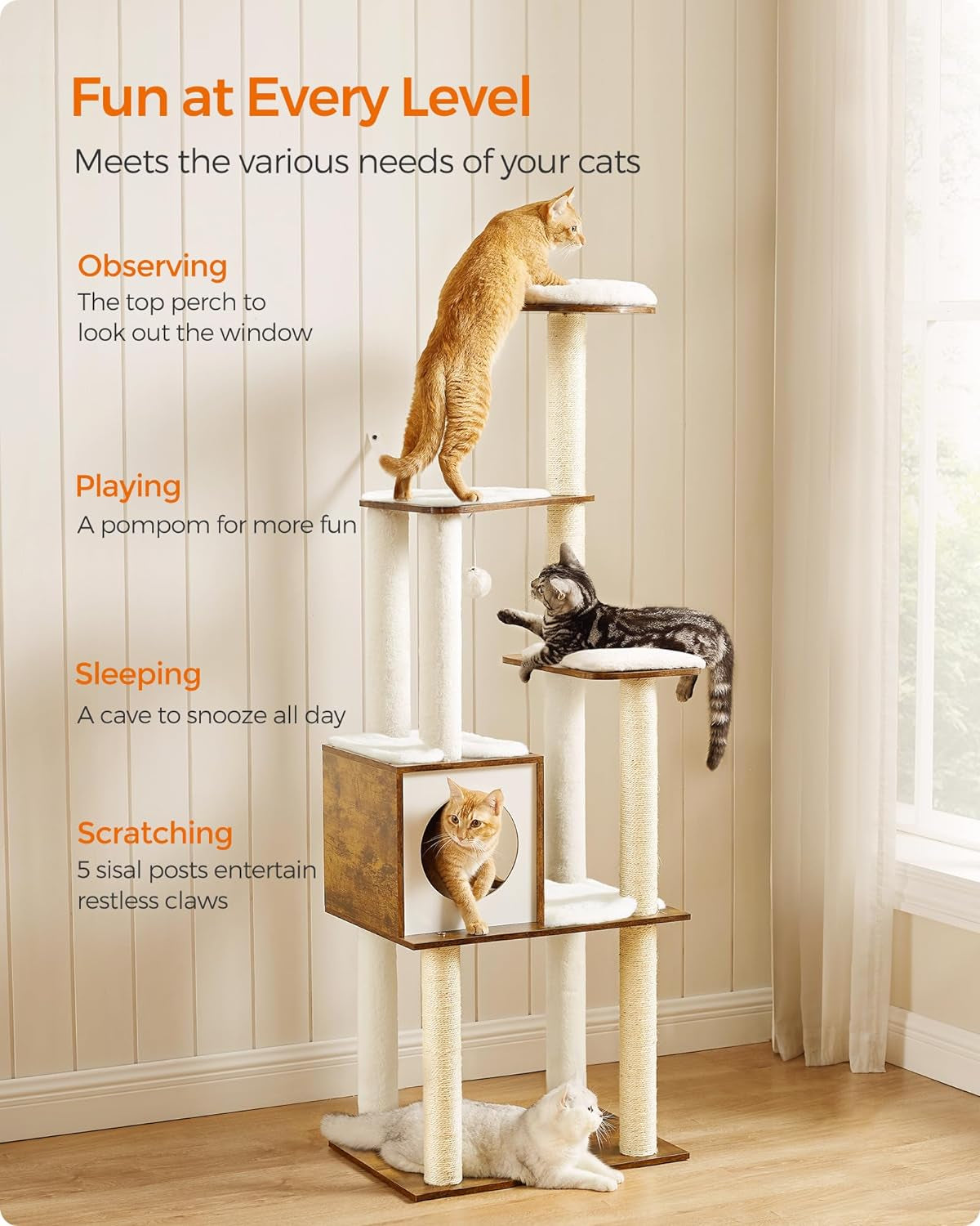 Cat Tree, 64.6-Inch Modern Cat Tower, Multi-Level Condo with 5 Scratching Posts, Perch, Washable Removable Cushions, Cave, Rustic Brown UPCT166X01